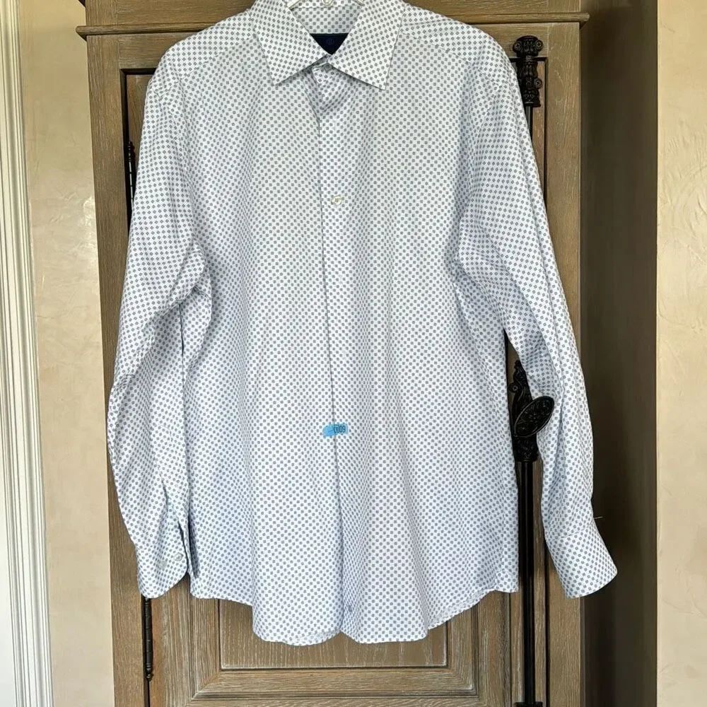 David Donahue White & Blue Geometric Print Dress Shirt Trim Fit 16 32/33